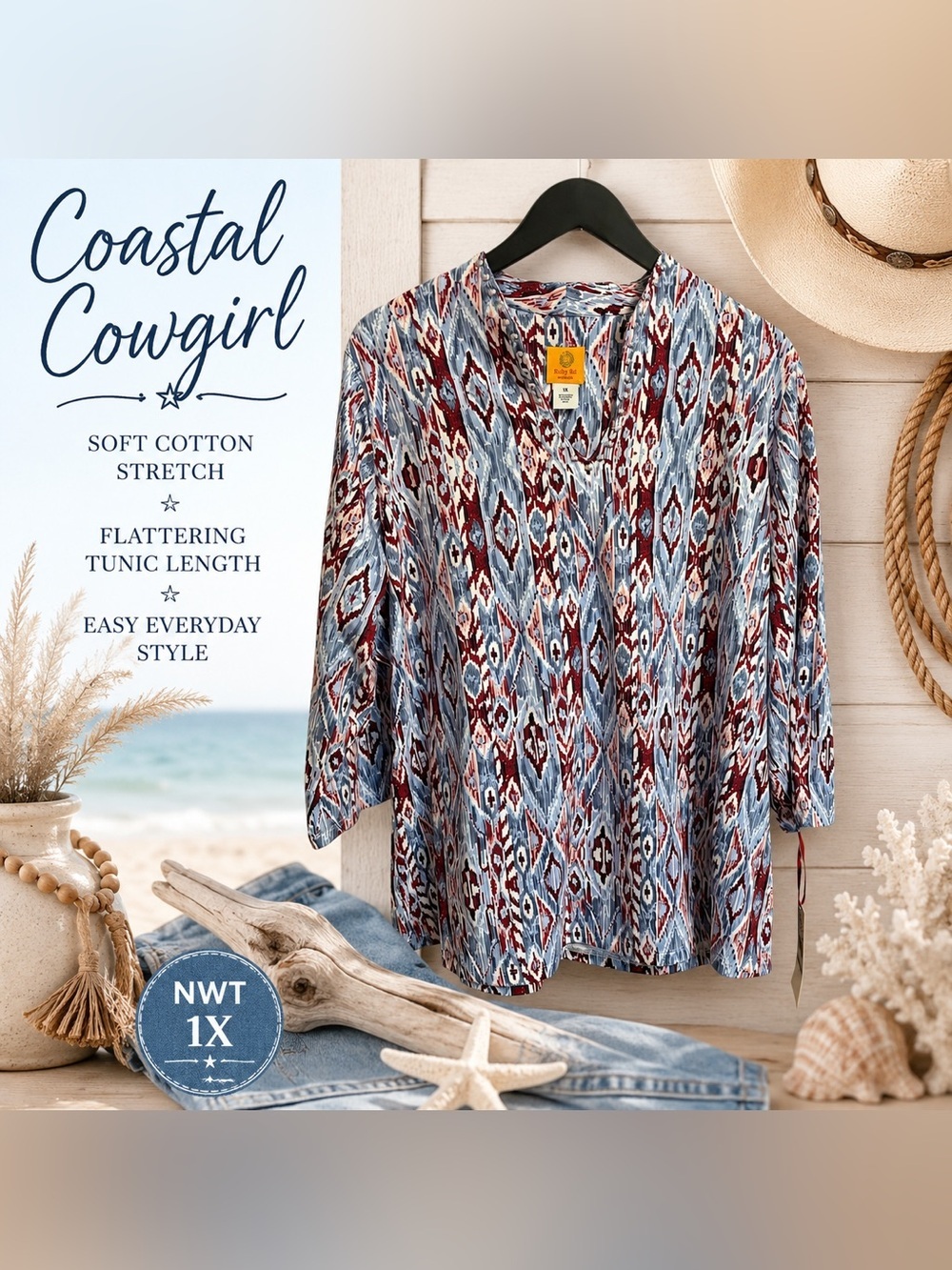Ruby Rd 1X Southwestern Ikat Print Tunic 3/4 Sleeve Plus Size